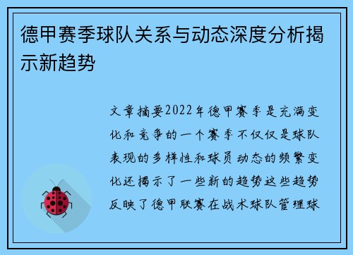 德甲赛季球队关系与动态深度分析揭示新趋势