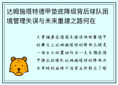 达姆施塔特德甲垫底降级背后球队困境管理失误与未来重建之路何在 达姆施塔特德甲垫底降级背后球队困境管理失误与未来重建之路何在