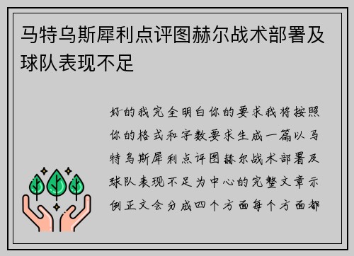 马特乌斯犀利点评图赫尔战术部署及球队表现不足 马特乌斯犀利点评图赫尔战术部署及球队表现不足