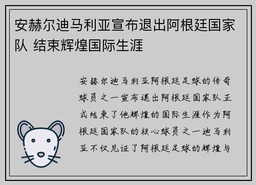 安赫尔迪马利亚宣布退出阿根廷国家队 结束辉煌国际生涯